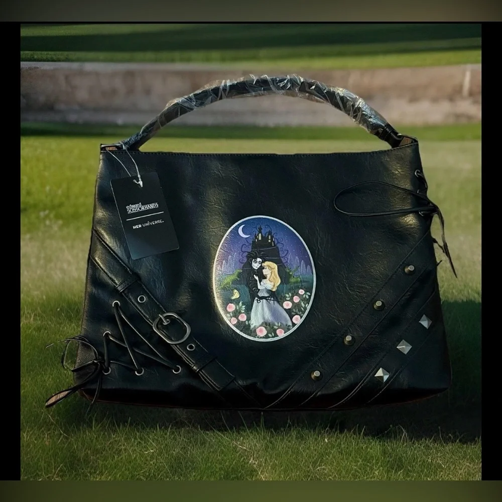 NEW Her Universe EDWARD SCISSORHANDS Black Faux Leather Studded Hobo Bag - Picture 1 of 9